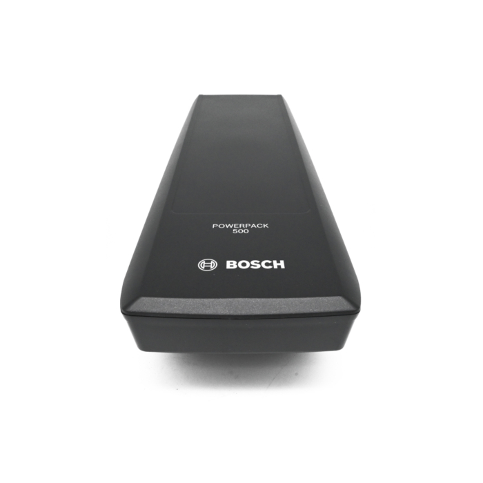foto van de Bosch PowerPack 500 Active 36V 13.4Ah fietsbatterij vanaf boven waar het logo bosch te zien is en de naam van de accu