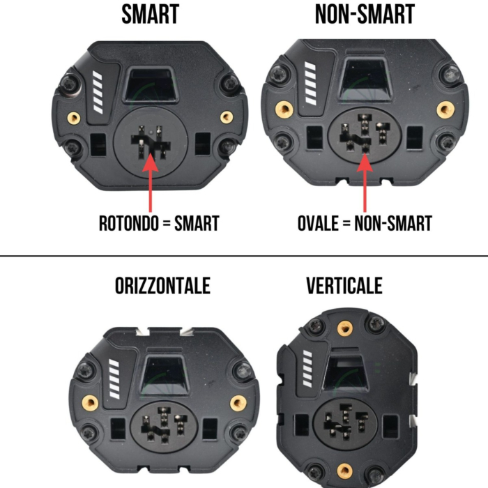 
In questa immagine è possibile vedere come riconoscere la differenza tra un PowerTube SMART Bosch e un Powertube non SMART Bosch e come riconoscere la differenza tra un PowerTube Bosch verticale e un Powertube Bosch orizzontale. Su una batteria SMART Bo