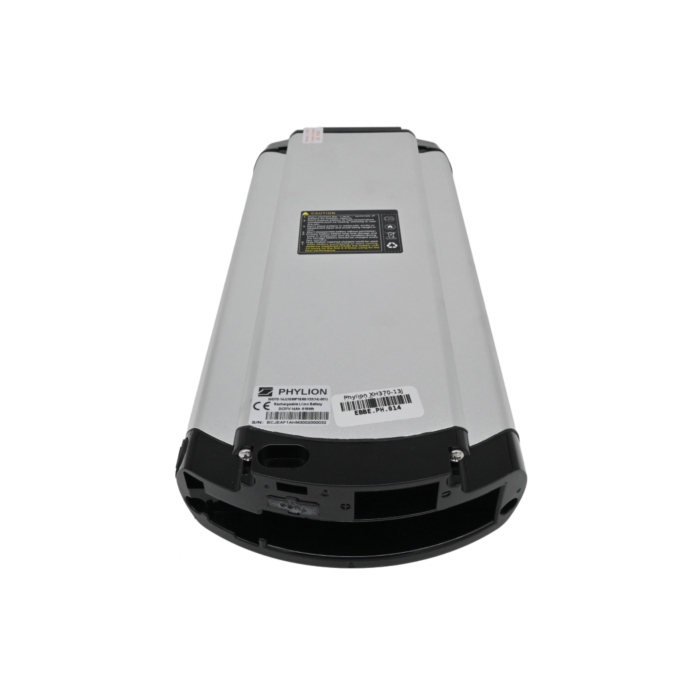 Onderaanzicht van de Phylion XH370-13J Wall-E 37V 14Ah (2-polig). De foto is vanuit een hogere hoek genomen waardoor de onderkant van de Phylion accu goed zichtbaar is.